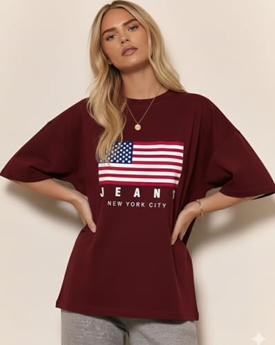 Image of AUSK Oversized Front Printed Loose Fit T-Shirt for Women || Tshirt for Girls