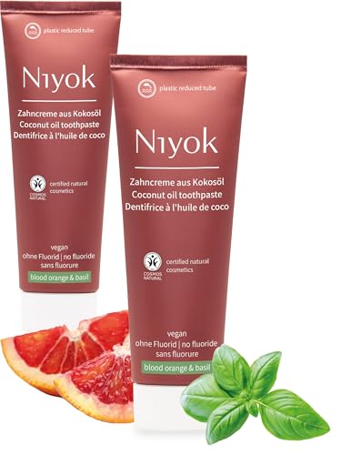 Niyok Zahncreme aus Bio Kokosöl Blutorange & Basilikum (3x75ml), Natürliche Zahnpasta für weiße Zähne, Intensive Pflege & Frische, Schützt das Zahnfleisch, Ohne Fluorid & Vegan