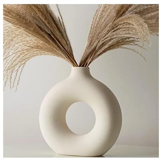 White Ceramic Vase for Pampas Grass Flowers, Vase Decor, White Vases for Decor, Modern Home Decor Vase, Boho Vases for Decor, Circle Vase, Round Vase, Donut Vase, Decorative Vase,7.5" Tall
