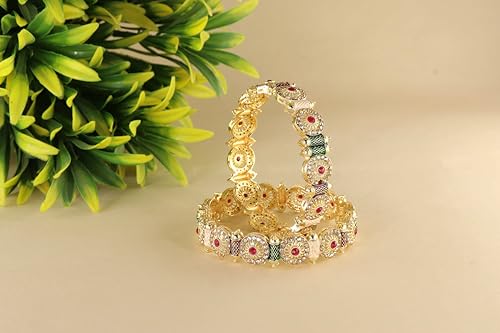 Image of NMII Royal Golden Metal Bangles Set For Women & Girls with Zircon Diamond Stone | Traditional Gold Plated Kangan Set | Fancy Women's Fashion Jewellery Bangles | Wedding, Party, Festive- Set of 2