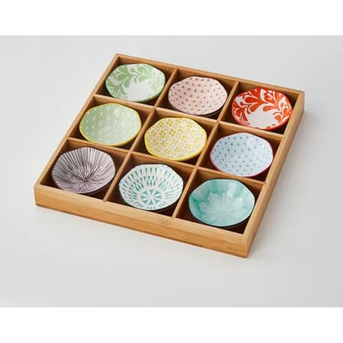 kxzlhaa 小皿セット和風 お皿 小皿セット 竹トレイ 陶器 前菜皿 アイスクリーム ソース皿 深型 セラミック仕切り付き 天然木 9点 小鉢 火鍋 焼肉屋 寿司屋 食洗機 醤油皿 前菜皿 盛り鉢 和食器 (G)
