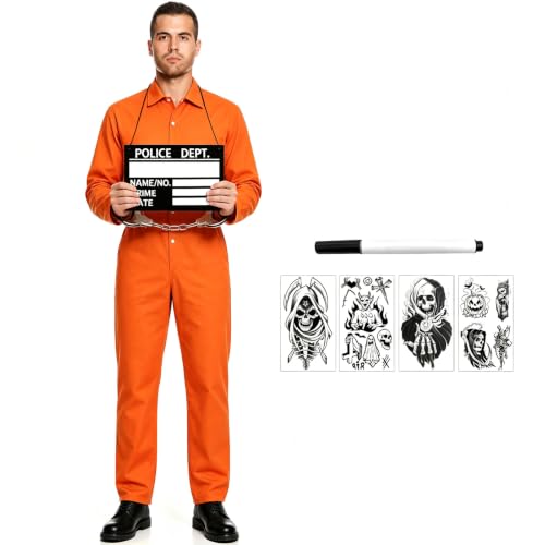 ABC.icos Herren Gefangener Kostüm, Herren Orange Overall mit Handschellen, Gefängnis Kostüm, Kriminelles Kostüm für Halloween Gefangener Räuber Cosplay Karneval, S