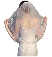Yalice Silver Flower Bride Wedding Veil Short Ivory Lace 2T Two-tier Shoulder Bridal Veils Soft T...