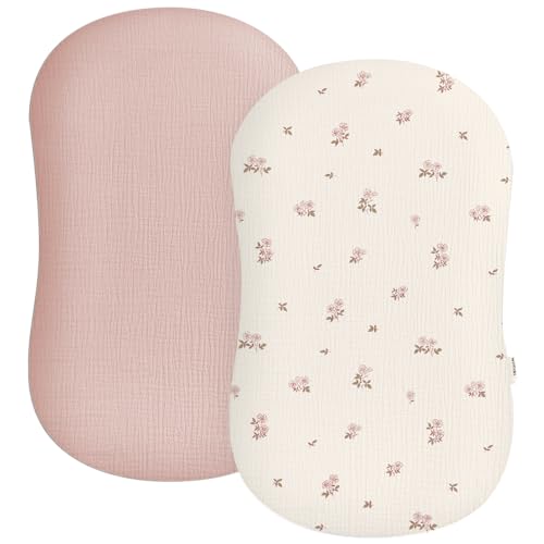 Image of Muslin Baby Lounger Cover 2 Pack, Soft Breathable Newborn Lounger Pillow Cover for Boys Girls Infant (Flower G & Pink)