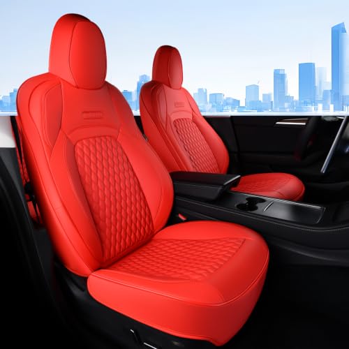Image of Coverado Front Seat Covers for 2017-2023 Tesla Model 3, Car Seat Covers Front Seats, Front 2PCS Leatherette Car Seat Cover Seat Protector Custom for Tesla Model 3 Red