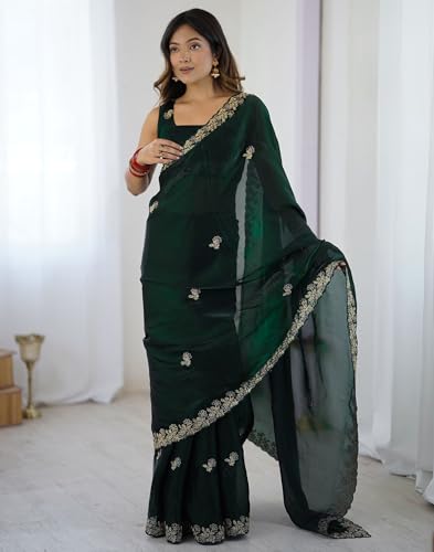 Image of SIRIL Women's Tissue Silk Sequence Embroidery Saree with Unstitched Blouse Piece