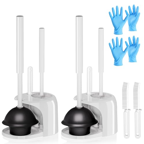 Image of FORASTO 4 in 1 Toilet Brush and Plunger Set, Long Handle Combo, 2 Pack | White bathroom cleaning tools with holder. Includes bonus crevice cleaning brush for deep toilet bowl scrub.