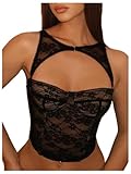 WDIRARA Women's Cut Out Lace Crop Bustier Corset Tank Top Sexy Going Out Party Club Tops Black Small