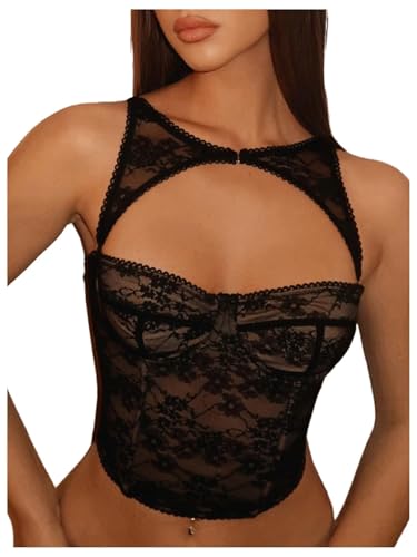 WDIRARA Women's Cut Out Lace Crop Bustier Corset Tank Top Sexy Going Out Party Club Tops Black Large