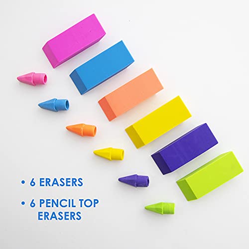Bazic Erasers + Pencil Top Erasers Set (12/Pack), Block Bevel Erasers Neon Color, Arrowhead Caps Tops, Latex Free, For Art Drawing School, 1-Pack #TOP2