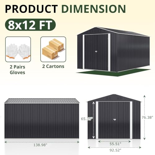Image of AirWire 8x12 FT Outdoor Storage Shed | Garden Shed with Updated Frame Structure and Lockable Doors, Metal Tool Sheds for Backyard Garden Patio Lawn, Grey