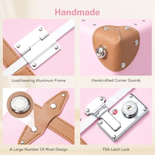 Image of Vintage PU Leather Luggage Set, Retro Trunk Suitcase with Wide Aluminum Frame, TSA Key Locks and Smooth 360 Spinner Wheels (Blush Pink,12 inch+20 inch+26 inch)