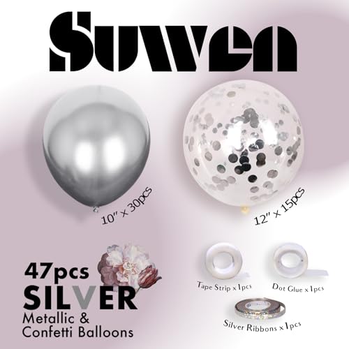 Image of SUWEN Silver Metallic and Confetti Balloons Set 47PCS Latex Helium | Chrome Silver Balloon for Birthday Graduation Anniversary Party Decorations