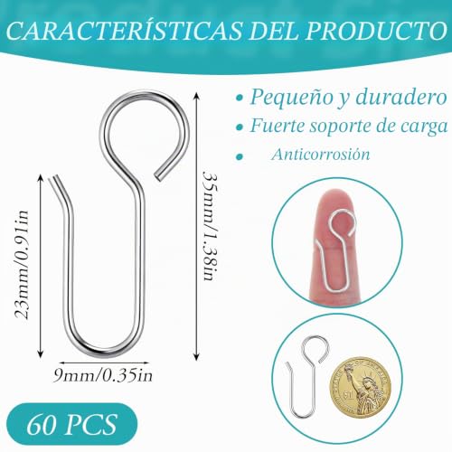Miniatura 2 de Nogeqi 60 Ganchos En Forma De S Resistentes Para Cortinas, Ganchos De Metal Para Colgar En Rieles, De Acero Inoxidable, Plateados, Para Cortinas, Anillos, Puertas, Cortinas De Ducha 35 X 18 Mm
