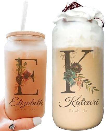 Personalized Glass Tumbler Set with Straw - Christmas Gift - Personalized Design with your Name and Title - Bridesmaid Gifts - Bridal Party Gifts - Christmas Gift Ideas (Letter Design)