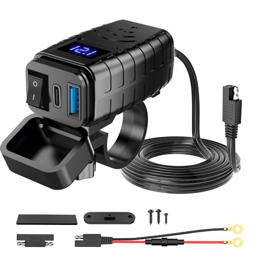 Shkalacar Motorcycle USB Charger, PD & Quick Charge 3.0 Motorcycle Phone Charger, SAE to USB Adapter with On/Off Switch, Real Time Voltage Display for Phone, Tablet, GPS Navigation