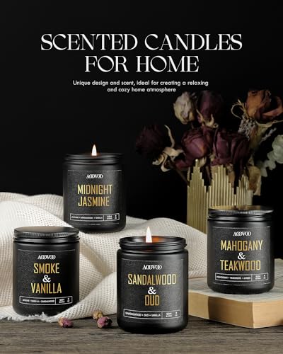 AOOVOO Scented Candles for Men - 4 Pack Candles for Home Scented, 36oz Soy Wax, 200 Hour Burn Time, Men Candle Set, Sandalwood Oud/Mahogany Teakwood/Smoke Vanilla/Jasmine Candle Set A - Image 4