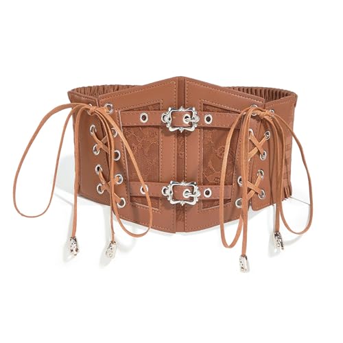 Vintage Faux Leather Corset Belt Sides Lace-up Medieval Renaissance Underbust Wide Elastic Waist Belts for Women (Brown, Fit Waist 26-29