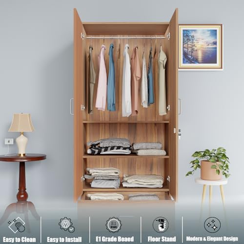 Image of VIKI Wardrobe |Wooden Almirah for 2 Door Wardrobe with 1 Drawer & Hanging Space with Mirror (Brussel Walnut - 40D x 80W x 180.8H) | 1 Year Warranty | Free Assembly