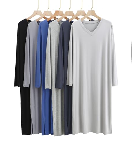 ZEEREE Men Nightshirts Night Sleep Shirts Comfy Long Sleeve V Neck Nightgown Robe Sleep Gowns Nightwear for Sleeping2