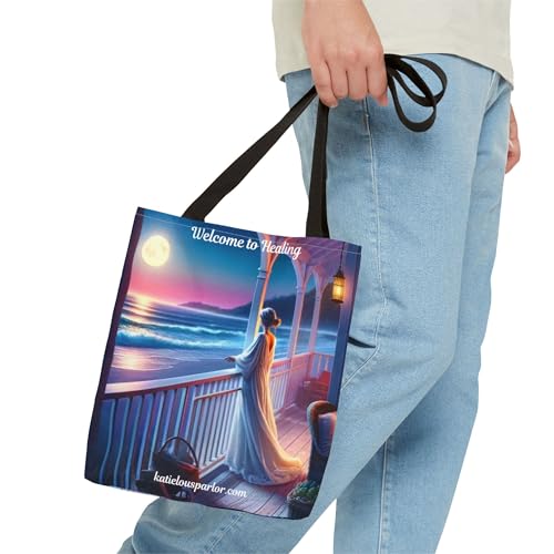 JujuVibe “Welcome to Healing” Tote Bag – Full Moon Beach Porch All-Over Print, Spun Polyester Shoulder Bag, 13"×13"3
