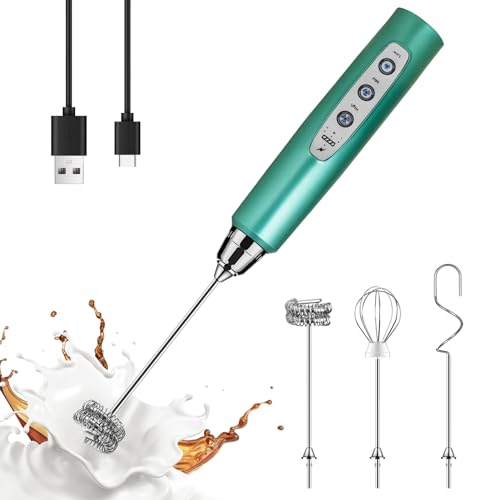 Image of YUSWKO Green Handheld Milk Frother Wand for Coffee, Rechargeable Electric Whisk with 3 Heads 3 Speeds Drink Mixer Coffee Frother For Latte, Cappuccino, Hot Chocolate, Egg