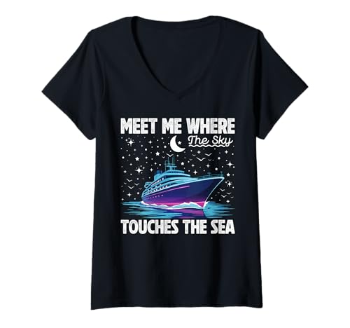 Women's Meet Me Where The Sky Touches The Sea Cruise Vacation V-Neck T-Shirt