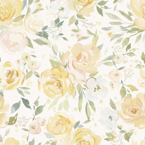 Heroad Yellow Peel and Stick Wallpaper Floral Contact Paper 17.3''x393'' Large Flower Wallpaper Watercolor Removable Self-Adhesive Wall Paper for Cabinets Bedroom Bathroom Waterproof Stick on Walls