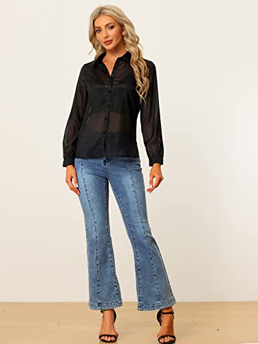 Image of Allegra K See Through Blouse for Women's Button Down Sheer Mesh Shirt