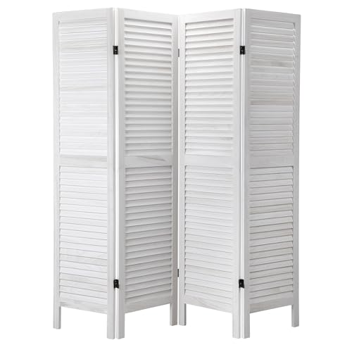 JAXPETY 4 Panel Wood Louvered Room Divider, 5.6 Ft Tall Oriental Folding Freestanding Privacy Screen Room Dividers for Home, Office, Bedroom (White)