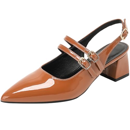 Escarpins Mary Jane caramel à talon carré bout pointu et trois boucles chic
