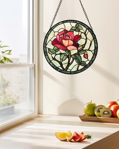 AMDERVEN Stained Glass Window Hanging Red Rose