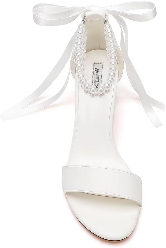 Pearl Wedding Shoes Open Toe Block Heel Wedding Sandals Chunky Heel Bridal Shoes - Image 2
