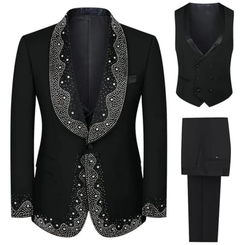 Men Shawl Lapel Long Sleeve Tuxedo Three Piece Suit with Diamonds for Wedding Prom Groom3