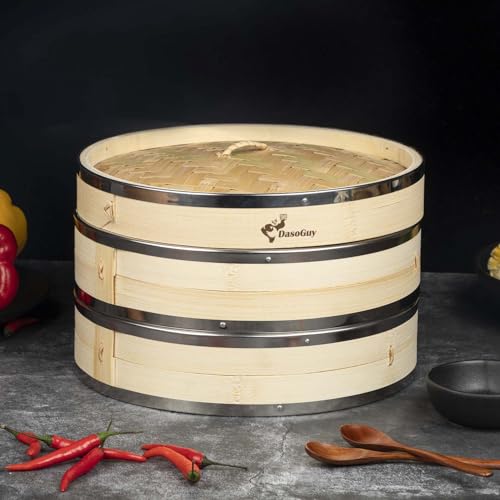 Bamboo Steamer Basket, Stainless Steel Reinforced Rim, 10-Inch 2-Tier Steamer for Cooking, 50 Liners Chopsticks Sauce Dish Dumpling Makers, Steaming Asian Food Bao Buns Dim Sum Rice Veggies Steam Pot - Image 2