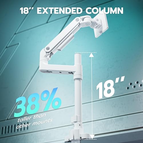 Image of ARES WING Ultrawide Single Monitor Arm White with USB A /C, Tall Heavy Duty Monitor Arm for 17 to 49 inch Screen, Holds 44 lbs, Adjustable Gas Spring Desk Mount