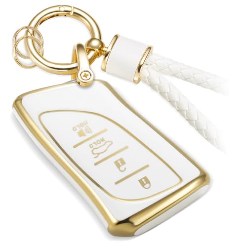 Image of Key Fob Cover for Lexus, White Braided Loop Keychain, Gold Edge | Wear-resistant TPU shell, white PU braided short loop, daily splash, scratch and drop protection, normal signal use