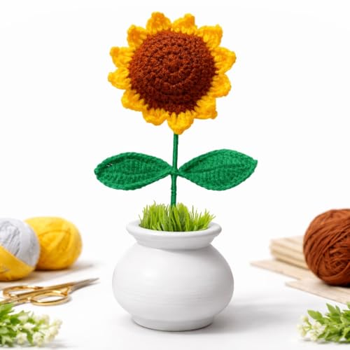 Image of Handmade Crochet Sunflower Pot - Eco-Friendly Knitted Flower Plant, Perfect Decorative Piece for Home, Office Table & Gifting Purpose (Brown)