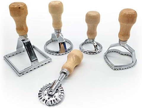 Ravioli Maker Cutter Stamp Mold - Stainless Steel 5 Sets Ravioli Maker Cutter , Wooden Handle Ravioli Maker Stamp, Mold for Cookies, Dumplings, Lasagna, Pierogi, Pasta and More. (Silver)