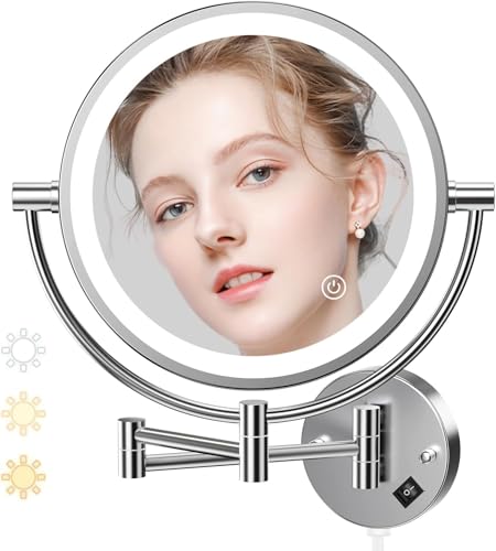 Auxmir 8 Pouces Miroir Grossissant Lumineux Mural x10, Miroir Grossissant Mural avec 3 Couleurs,...