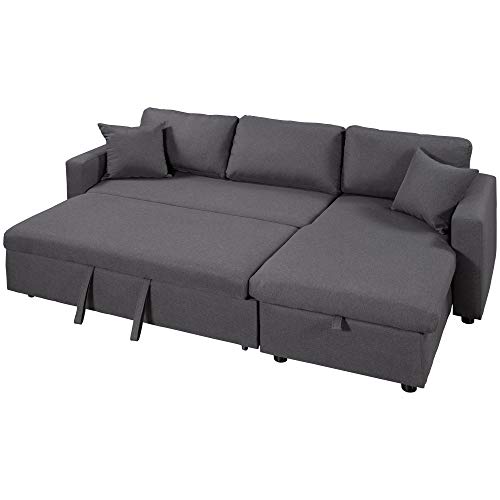 Modern L-Shaped Coner Sectional Sofa With Pull Out Upholstery Sleeper Couch Bed And Left Storage Chaise Lounge For Home Apartment Living Room Furniture Sets, 2 Pillows Included, Gray Sofa & Couch #TOP7