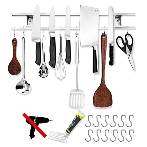Adhesive(No-Drilled Glue) Magnetic Knife Holder For Wall-18 Inch Knife Magnetic Strip With 12 Hooks-Premium 304 Stainless Steel Knife Bar Rack With Hanger-Kitchen Utensil Holder-Knife Block-Never Fall #TOP19