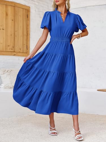 Image of Wenrine Womens Summer Midi Dress A-Line Puff Short Sleeve V Neck Dresses