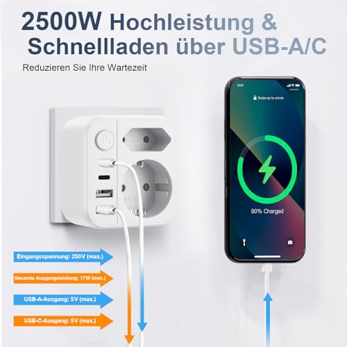 Dalimee Reiseadapter Japan Typ A, 7 in 1 Reiseadapter USA mit 2 AC Schuko (Typ C/E/F), 2*USB-C, 2*USB-A und Netzschalter, Adapter Japan für USA, Kanada, China, Thailand, Mexiko, die Philippinen