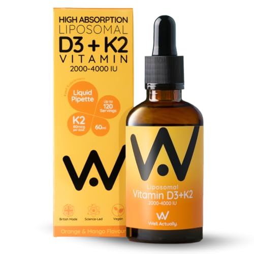 WELL ACTUALLY Liposomal Vitamin D3 + K2 Liquid Pipette - High Absorption Vegan Vitamin D3 4000 IU & Vitamin K2-7 160mcg as Menaquinone-7 MK-7 - Orange & Mango (up to 120 Servings)