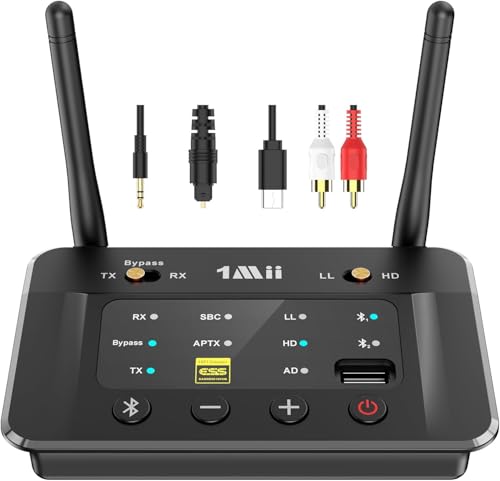 [Upgraded] 1Mii B03S Bluetooth 5.3 Transmitter Receiver for TV Home Stereo, Long Range Wireless Audio Adapters with Audiophile DAC, aptX Adaptive/LL/HD, Dual Link, Optical RCA AUX 3.5mm Inputs/Outputs