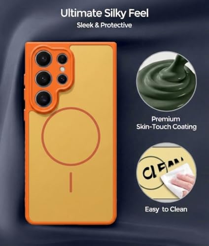 Image of VONZEE Matte Magnetic Case Compatible for Samsung Galaxy S24 Ultra Wireless Charging Shockproof Anti-Scratch TPU PC Slim Fit Full Protection Phone Cover for Samsung Galaxy S24 Ultra-Orange