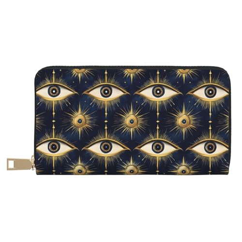 Leather Thin Slim Wallets for Women Men - Fashion Blue and Gold Eyes Print Card Wallet Holder with Zipper