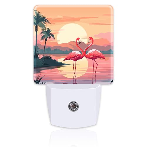 Image of Pink Flamingos at Sunset Night Light for Kids,Summer Beach Tropical Palm Tree Night Light Plug in with Dusk to Dawn Sensor,0.5w Energy Saving Nightlight for Hallway Stairway Kitchen Bedroom