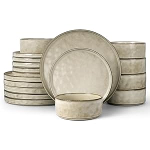 LIANYU 18 Piece Dinnerware Dish Set for 6, Stoneware Plates and Bowls, Ceramic Dinner Tableware Sets Includes Dinner Salad Plates, Cereal Bowls, Chip & Scratch Resistant, Sandy Beige